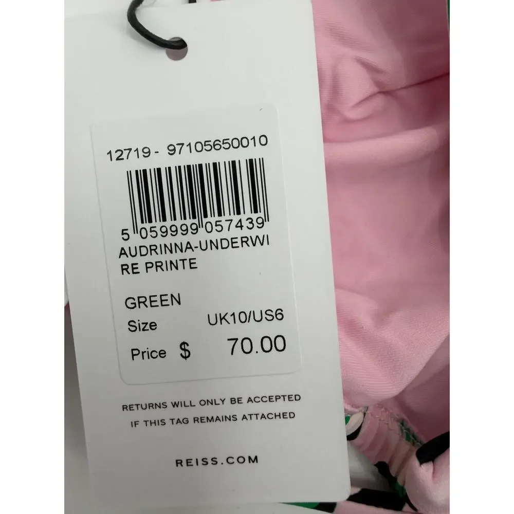 REISS Audrinna Bikini Top Size 6 NEW Pink Green $70 V Front Cups Tie Halter